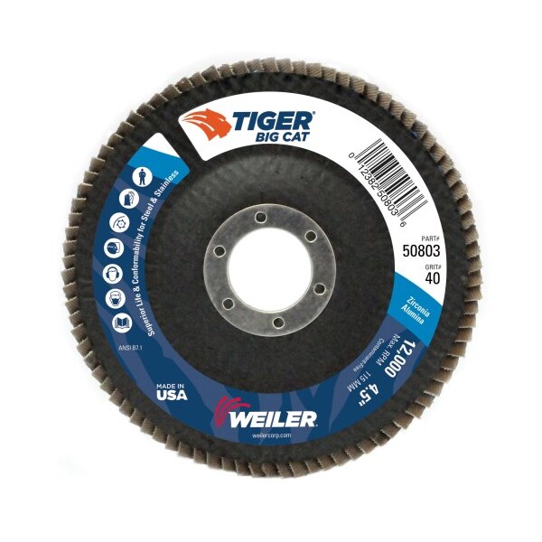 Weiler 4-1/2" Big Cat Abrasive Flap Disc, Flat (TY27), 40Z, 7/8" 50803 - main
